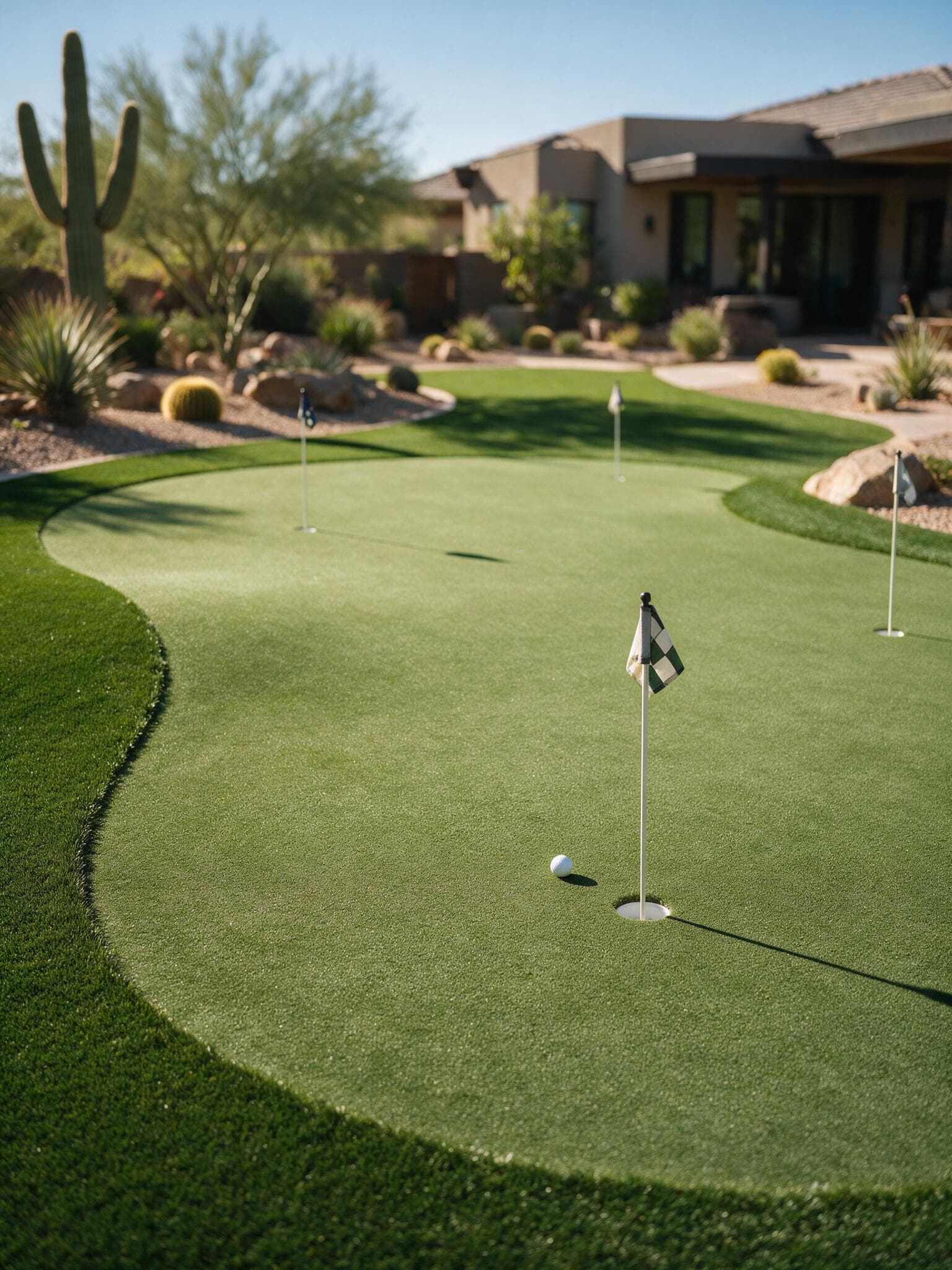 A backyard putting green with flagged holes, edged by desert landscaping.